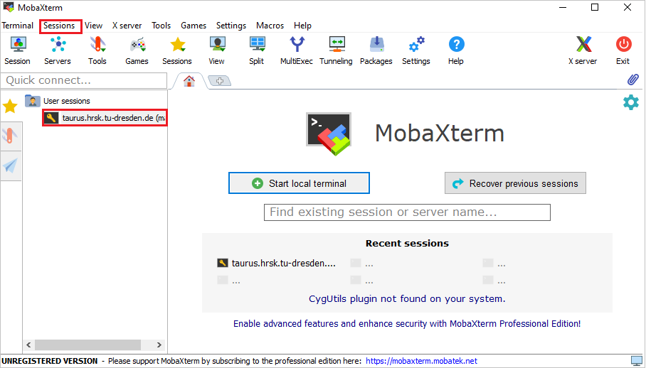 Opening a saved session in MobaXterm