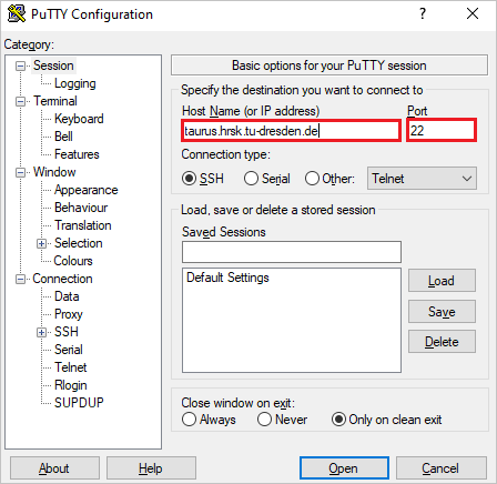 Settings for SSH connection in PuTTY