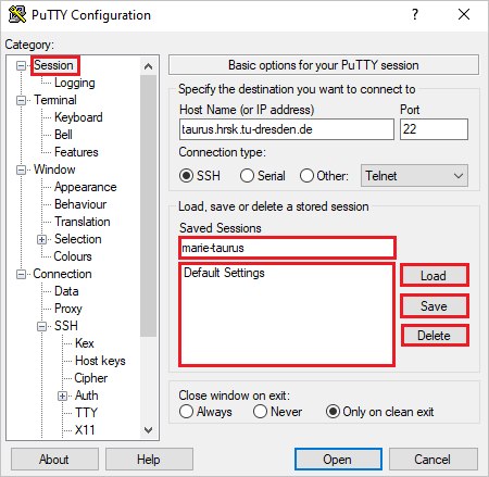 Saving settings in PuTTY